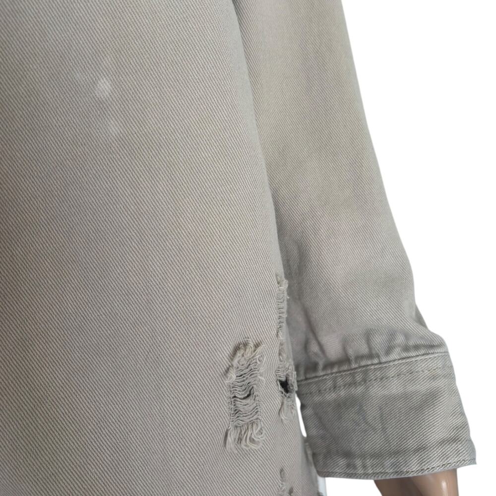 Upcycled Texas Americana Distressed Fringe Denim Shacket Jacket Western S Tan - Picture 10 of 12